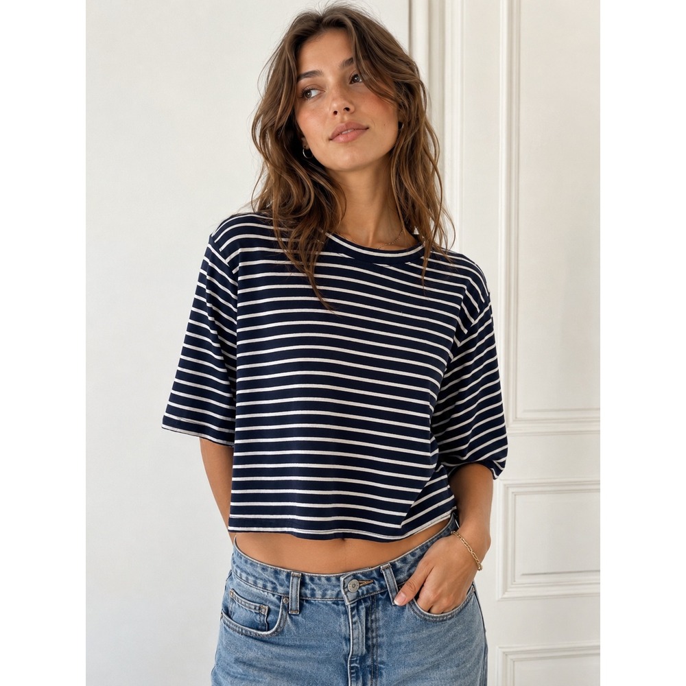 Maeve Anthropologie Navy White Striped Button back nautical Puff Sleeve. Small